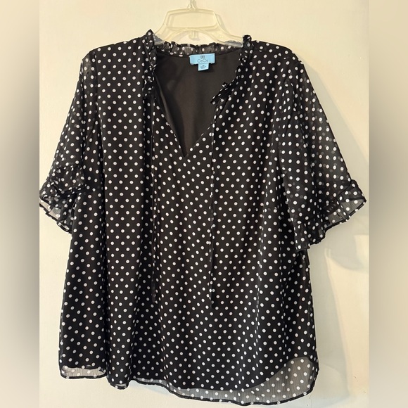 CeCe Black Blouse with White Polka Dots - Picture 1 of 5